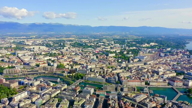 Geneva, Switzerland. Flight over the central part of the city. Lake Geneva. Drone footage
