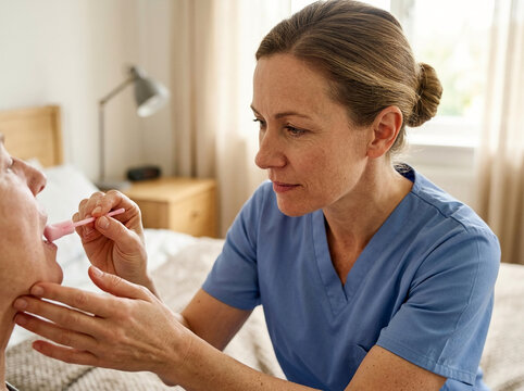 Professional female caregiver providing essential oral hygiene and mouth care to an elderly patient in a comfortable home or nursing home setting.