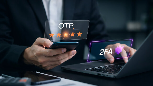 Person using one-time password otp on phone and two-factor authentication 2fa on laptop for secure login