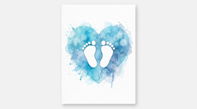 Baby's Heartbeat: Delicate baby footprints are imprinted within a soft, ethereal watercolor heart, symbolizing new life and unconditional love. A gentle blue hue washes over the tender scene.