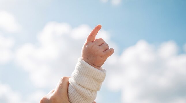 A tiny hand reaching for the sky, symbolizing hope and new beginnings, set against a backdrop of fluffy white clouds and a clear blue sky.