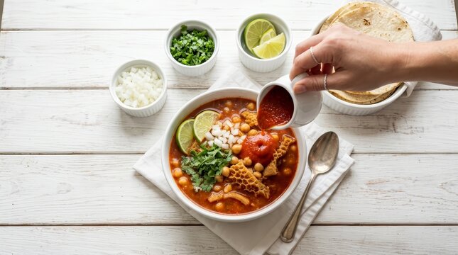 Traditional Mexican food: authentic menudo tripe soup being seasoned with red sauce.