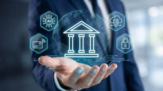 AI digital banking cores, global financial networks, data automation. Executive hand holding glowing classical bank icon with neural point-cloud earth globe for automated cloud fintech transactions.