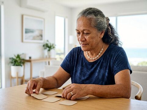 Elderly woman of Polynesian heritage playing a matching card game at a wooden table to boost brain health and memory in a modern home.