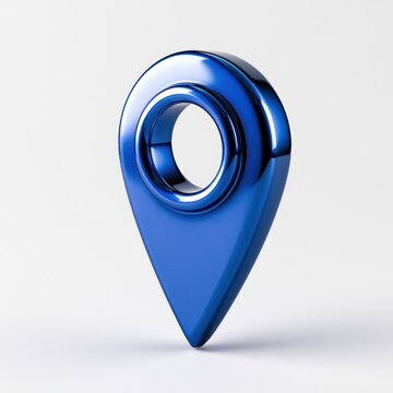 Blue metallic 3D map pointer icon on white surface