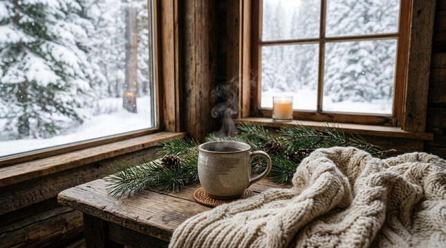Cozy winter window view with a steaming mug of hot drink, pine branches, and snow outside