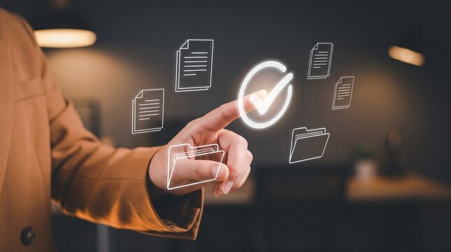Quality compliance audit accuracy verification check digital data approval by professional finger touching holographic document checkmark icon for corporate record tracking and file governance