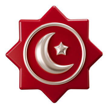 3D Red and Silver Islamic Crescent Moon and Star Icon on Octagram
