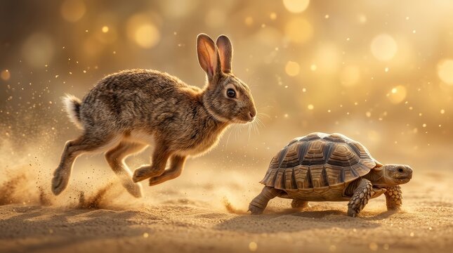 Slowly walking tortoise and a fast rabbit in a symbolic dusty golden landscape.