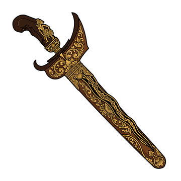 Traditional Javanese Kris Keris with Ornate Golden Carved Handle and Sheath