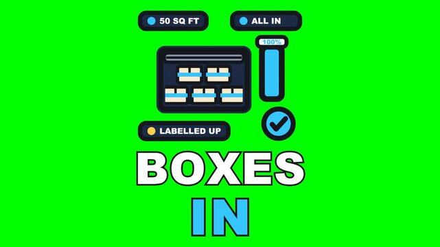 4K green screen BOXES IN animated text - the unit fills box by box until the whole load is away, kinetic typography self storage overlay, chroma key