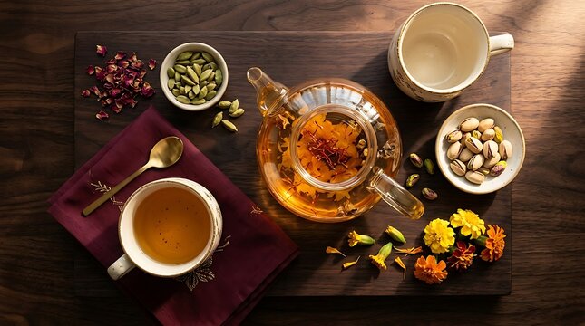Saffron tea with cardamom, pistachios, and rose petals