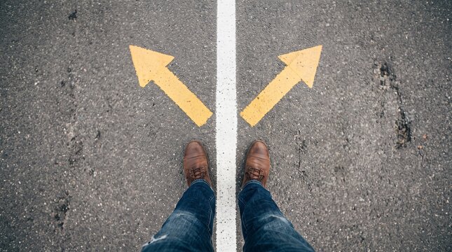 Road intersection with painted yellow arrows and a person s feet