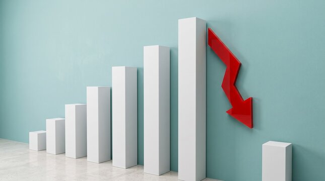 White pillars with a red arrow pointing downwards against a teal wall