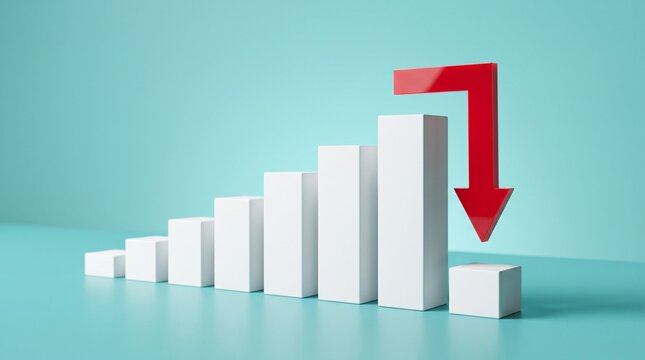 White pedestals ascending to a red downward pointing arrow on teal