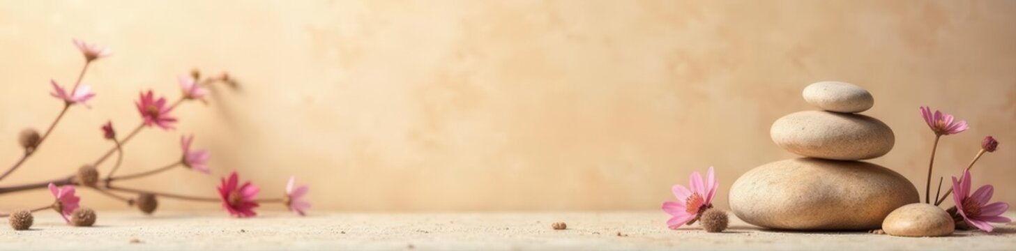 Beige backdrop, stones, dried flowers, pastel tones, copy space , mockup, desertscape