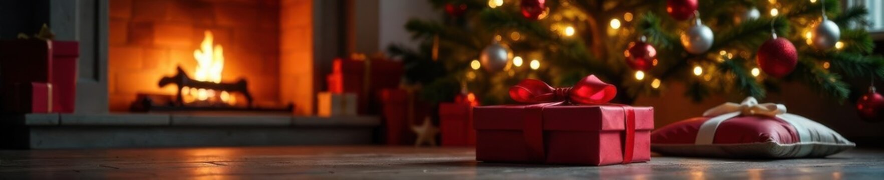 Large gift box beneath decorated tree by glowing fireplace , present, winter, festive