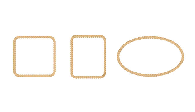 Three decorative nautical rope frames including a square, a rectangle, and an oval shape isolated on a white background.