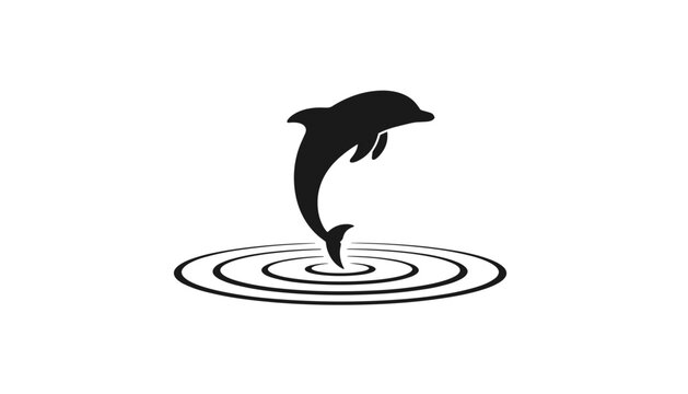 Elegant silhouette of a dolphin leaping gracefully out of the water creating circular ripples on a white background.