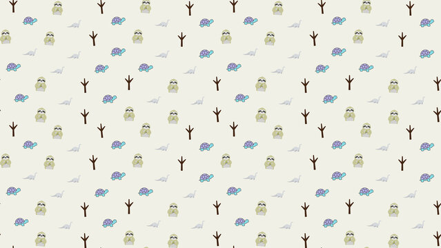 Cute Sloth, Turtle, Dinosaur, and Tree Pattern