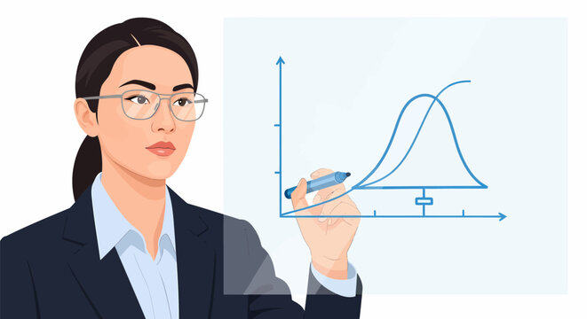Asian Actuary Drawing Bell Curve with Blue Marker for Risk ROI