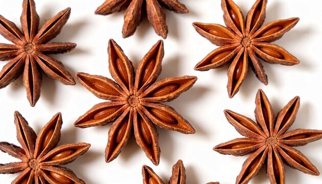 Star anise spice pods on white background close up