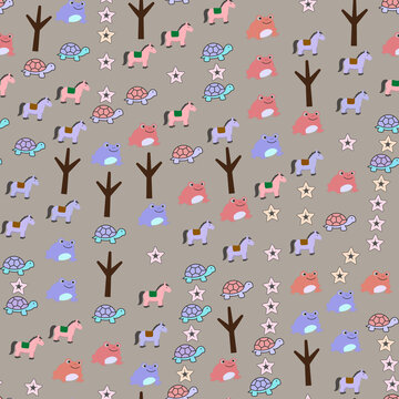 Seamless pattern with cartoon animals and trees