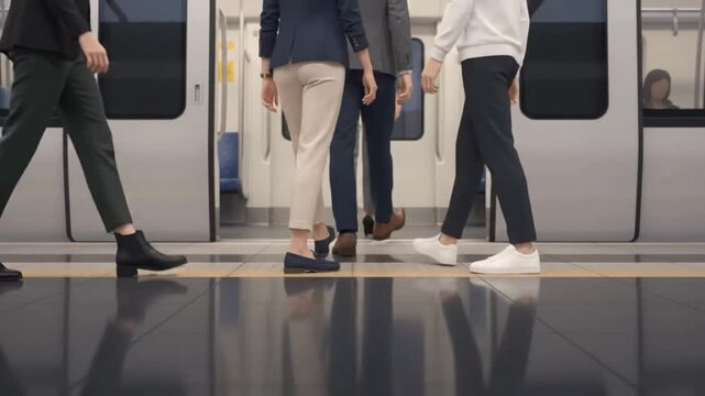 Low angle view of commuters walking on station platform and boarding train, business people commuting on subway MRT train