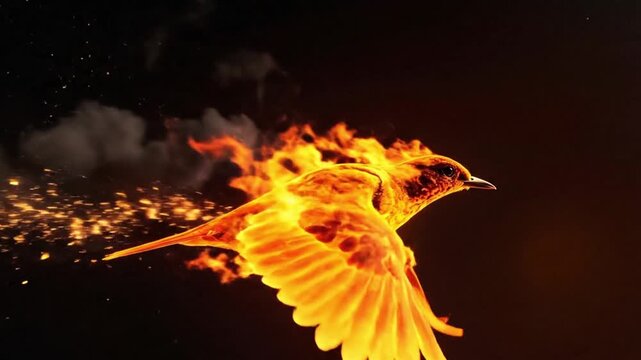 A mystical phoenix bird made of glowing fire flames flying against a dark background