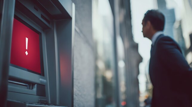 Concerned man facing malfunctioning ATM screen.
