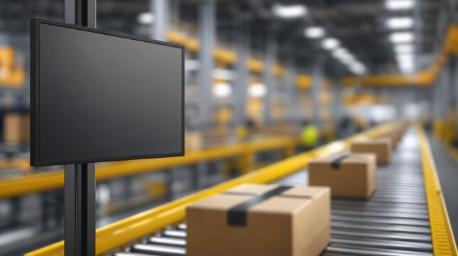 A modern warehouse conveyor system moves sealed cardboard boxes along a yellow automated line with a blank digital screen in the foreground.