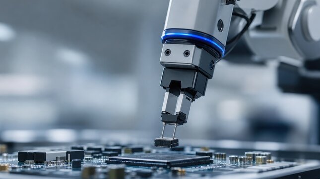 A robotic arm precisely places a microchip onto a circuit board in a high-tech manufacturing environment.