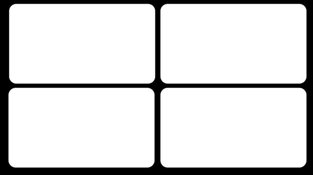 Transition elements for white four window frame grid animation on black transparent background. Split screen film frame matte animation.Motion graphics of concept