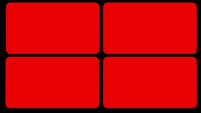Transition elements for white four window frame grid animation on black transparent background. Split screen film frame matte animation.Motion graphics of concept