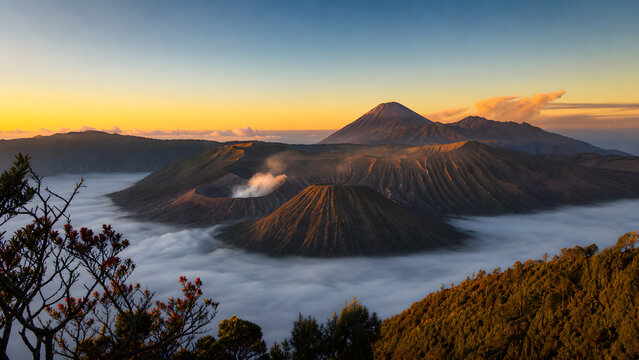 ​A breathtaking cinematic sunrise view over Mount Bromo with a sea of clouds and active volcanoes in East Java, Indonesia, travel and nature landscape concept