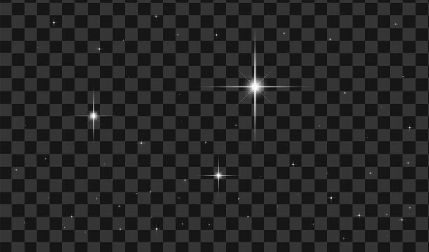 White Sparkle Star Flare Vector Set Isolated on Transparent Background, Glowing Light Effect Burst Template, Sparkling Starlight Flare, Magic Bright Glint Overlay Graphic Vector