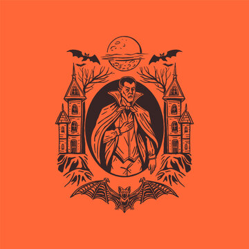 Vintage Halloween vampire badge with gothic castles, bats and full moon in engraving style