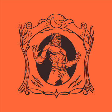 Retro Halloween werewolf emblem with crescent moon, bare trees and ornate frame in engraving style