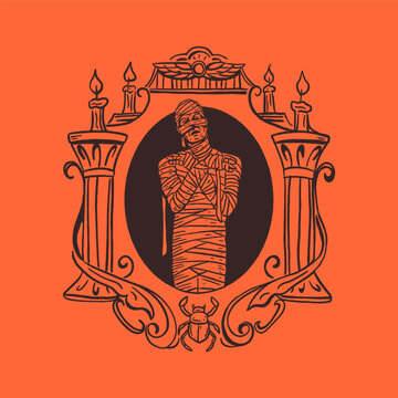 Vintage Halloween mummy badge with Egyptian columns, candles and scarab in engraving style