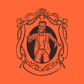 Retro Halloween Frankenstein monster badge with chains and ornate banner in engraving style