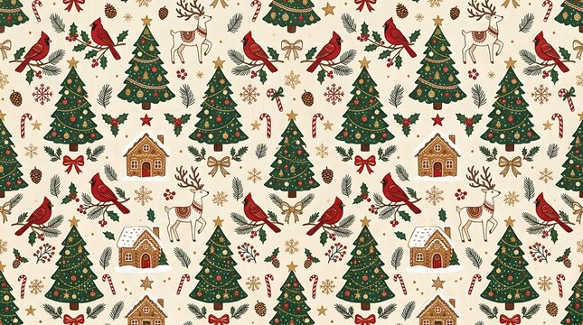 Christmas pattern with trees, reindeer, gingerbread houses, and cardinals.