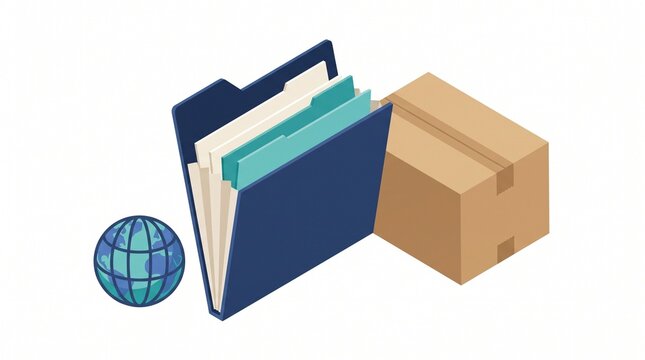 Isometric export documentation folder with cardboard box and globe icon on white background