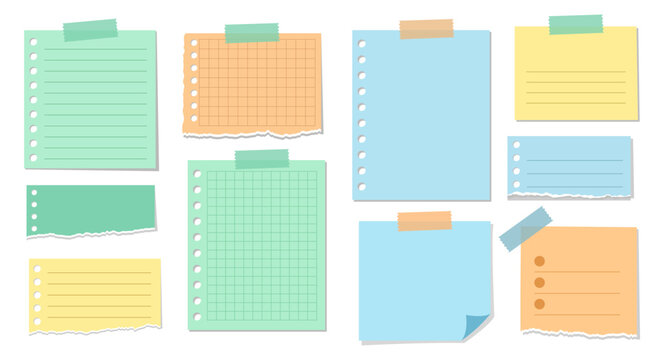 Colorful Sticky Notes Vector Set with Washi Tape, Pastel Blank Lined Grid Notebook Sheets, Torn Paper Memo Scrapbooking Elements Template Isolated on White Background Vector