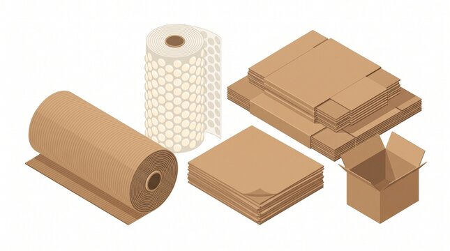 Isometric set of cardboard packaging materials and shipping boxes on a white background