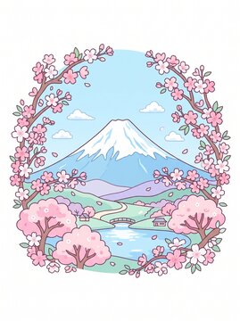 Cute Kawaii Mount Fuji with Cherry Blossom Sakura Vector Illustration
