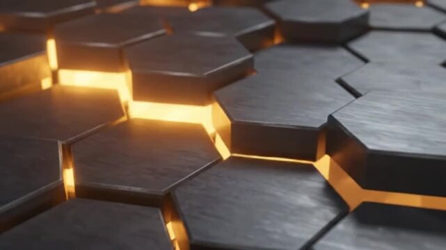 Abstract Futuristic Hexagon Grid Pattern Background with Glowing Gold Light Crevices