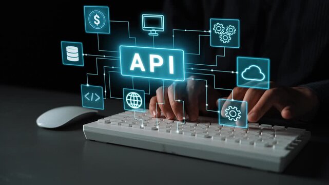 Hands Typing on Keyboard with Overlaid Digital Icons Representing API Integration and Technology Concepts in Modern Business Environment. Entropy.