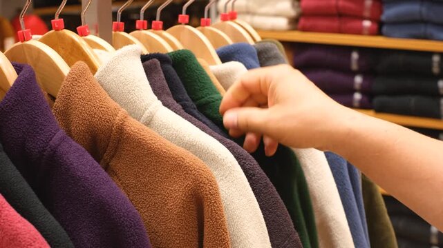 A man is choosing from colorful fleece sweatshirts hanging on a rack in store.