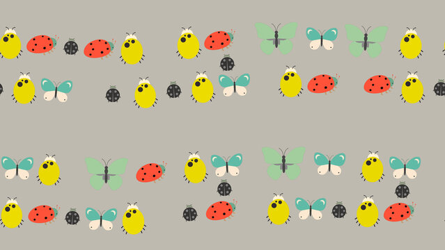 Cute cartoon insects pattern with ladybugs and butterflies