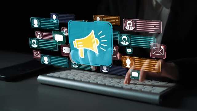Digital marketing communication concept with megaphone, social media notifications, and keyboard during online engagement and outreach efforts. Entropy.